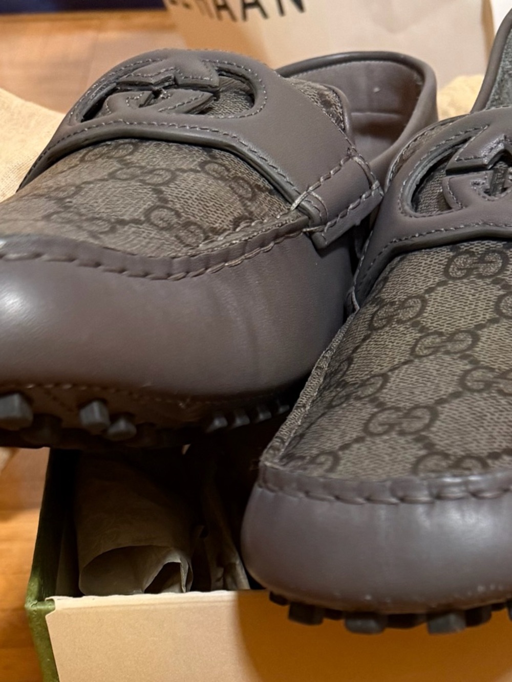 Gucci Men's Gray GG Monogram Leather Driving Loafers - Picture 3 of 7